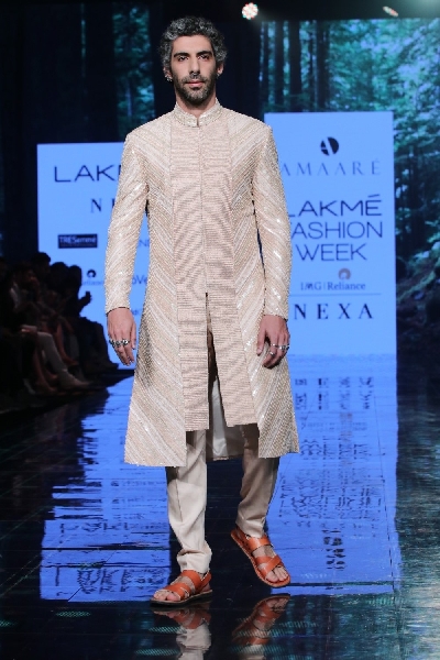 Mumbai: Actor Jim Sarbh walks the ramp showcasing an outfit from fashion designer Sahib Bhatia's label Amaare at the Lakme Fashion Week Summer/Resort 2020 grand finale, in Mumbai on Feb 16, 2020. (Photo: IANS)