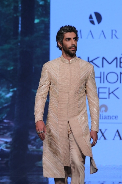 Mumbai: Actor Jim Sarbh walks the ramp showcasing an outfit from fashion designer Sahib Bhatia's label Amaare at the Lakme Fashion Week Summer/Resort 2020 grand finale, in Mumbai on Feb 16, 2020. (Photo: IANS)
