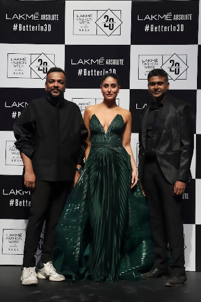Mumbai: Lakme Brand Ambassador Kareena Kapoor Khan, fashion designer Amit Aggarwal and Head of Innovations, LakmÃ© Ashwath Swaminathan at the Lakme Fashion Week Summer/Resort 2020 grand finale, in Mumbai. (Photo: IANS)