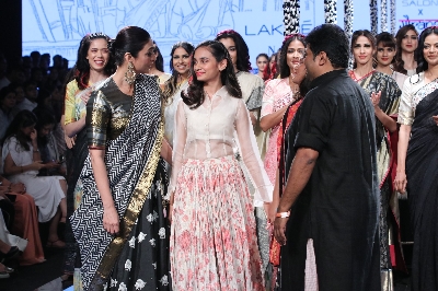 Mumbai: Actress Tabu showcases the creation of Fashion designer Gaurang Shah during show titled 'Garam Masala' on Day 4 of the Lakme Fashion Week Summer/Resort 2020, in Mumbai on Feb 14, 2020. (Photo: IANS)