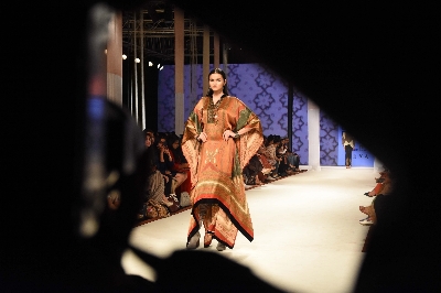 Mumbai: A model walks the ramp showcasing fashion designer Ritu Kumar's creation on Day 3 of the Lakme Fashion Week Summer/Resort 2020, in Mumbai on Feb 13, 2020. (Photo: IANS)