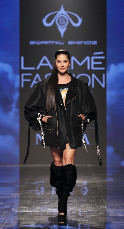 Mumbai: Actress Sunny Leone showcases the creation of Ajio on Day 2 of the Lakme Fashion Week Summer/Resort 2020, in Mumbai on Feb 12, 2020. (Photo: IANS