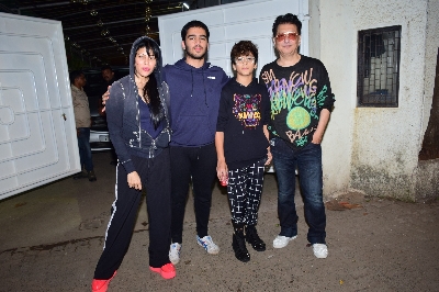 Mumbai: Producer Sajid Nadiadwala along with his wife Wardha Khan, sons Sufyan Nadiadwala and Subhan Nadiadwala at the screening of film "Baaghi 3" at Sunny Sound, Juhu in Mumbai on March 4, 2020. (Photo: IANS)