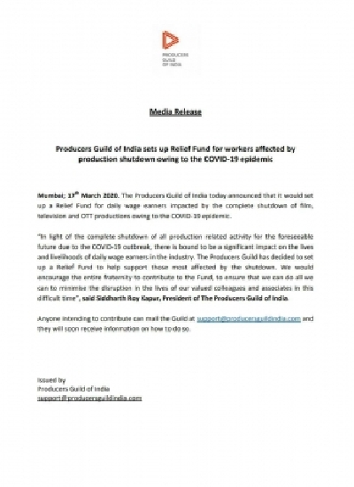 COVID-19 effect: Producers Guild sets up relief fund for daily-wage workers.