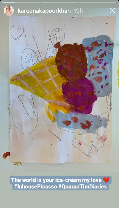Actress Kareena Kapoor Khan shared a drawing made by her toddler son Taimur Ali Khan, whom she lovingly tagged as the "in-house Picasso". Kareena took to her Instagram stories, where she shared a glimpse of what Taimur is up to while he stays home. Taimur drew an "ice cream".
