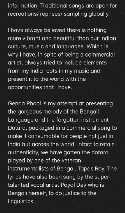 Badshah's statement on his song 'Genda Phool'.