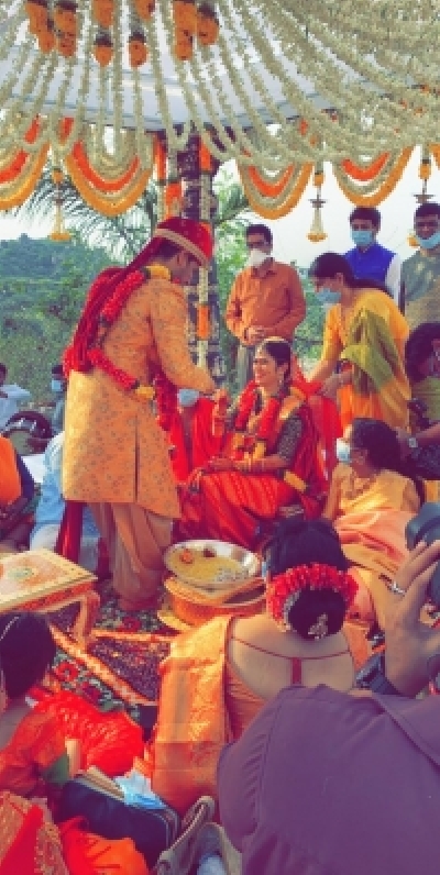 Hyderabad: Actor Nikhil Siddhartha ties the knot with Pallavi Varma in a close-knit ceremony in the presence of family members and close friends at a private resort near Hyderabad during the extended nationwide lockdown imposed to mitigate the spread of coronavirus, on May 14, 2020. (Photo: IANS)