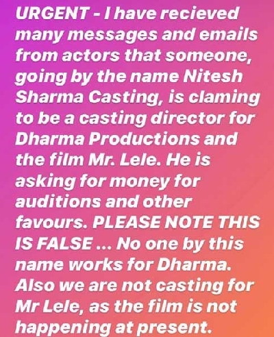 Shashank Khaitan warns against fake casting calls for 'Mr Lele'.