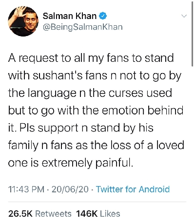 Salman requests fans to stand with Sushant Singh Rajputâ€™s  family, fans.