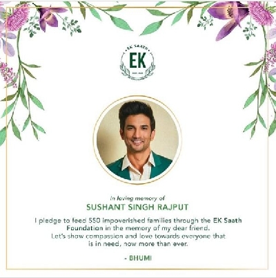 Bhumi to feed 550 impoverished families as tribute to Sushant Singh Rajput.