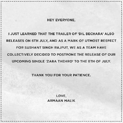 Armaan Malik postpones song release as mark of respect for Sushant.