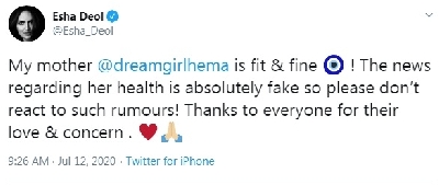 Esha Deol debunks rumours of Hema Malini's ill health.