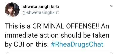 SSR's sister wants CBI action against Rhea over alleged drug chat.