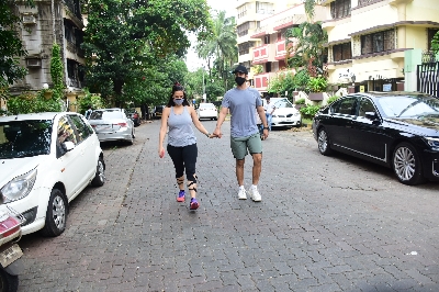 Mumbai: Actors Neha Dhupia and Angad Bedi seen at Bandra in Mumbai on Sep 4, 2020. (Photo: IANS)