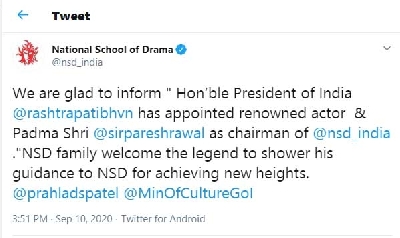 Paresh Rawal appointed National School of Drama chairman.