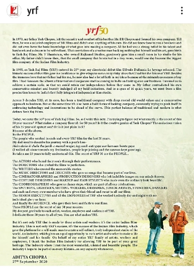 50 yrs of YRF: Aditya Chopra remembers father Yash Chopra.