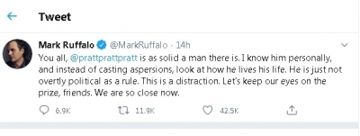 Robert Downey Jr, Mark Ruffalo defend Chris Pratt. Robert Downey Jr, Mark Ruffalo defend Chris Pratt.