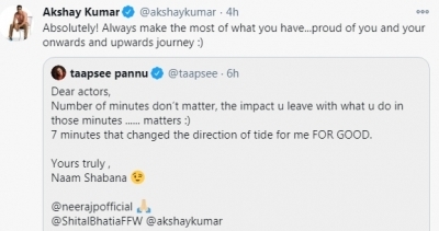 Akshay to Taapsee: Proud of you, your journey (Credit: @akshaykumar/Twitter) Akshay to Taapsee: Proud of you, your journey (Credit: @akshaykumar/Twitter)
