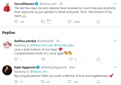 Varun Dhawan overwhelmed with love post marriage to Natasha (credit: @Varun_dvn/twitter) Varun Dhawan overwhelmed with love post marriage to Natasha (credit: @Varun_dvn/twitter)