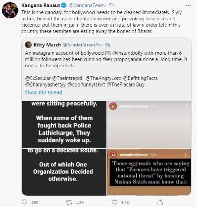 Kangana alleges 'gandagi' in Bollywood as she slams farmers' stir violence