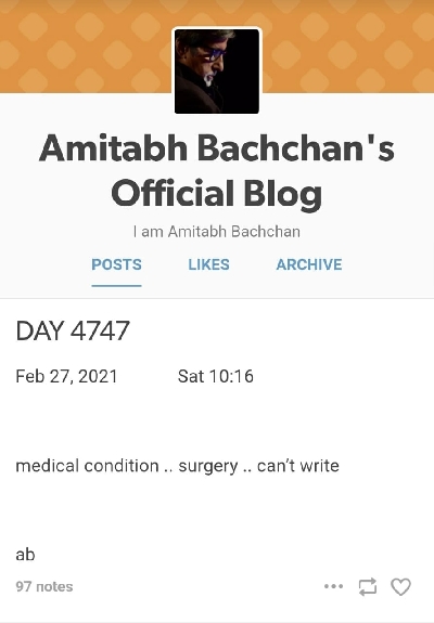 Big B blogs about 'medical condition', mentions 'surgery'