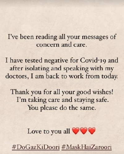 Alia Bhatt: 'Have tested negative for Covid-19'.(photo:Instagram)