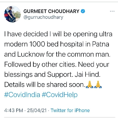 Gurmeet Choudhary to open Covid hospitals in Lucknow, Patna.(Photo:Instagram)