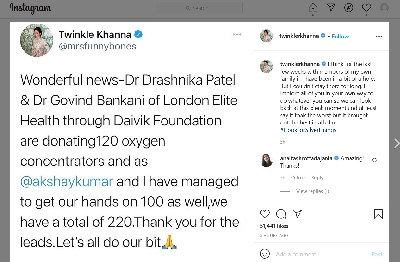 Akshay, Twinkle donate 100 oxygen concentrators