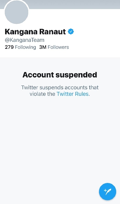 Kangana Ranaut's Twitter Account Suspended.(photo:twitter)