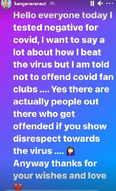 Kangana Ranaut tests negative for Covid.(photo:Instagram)