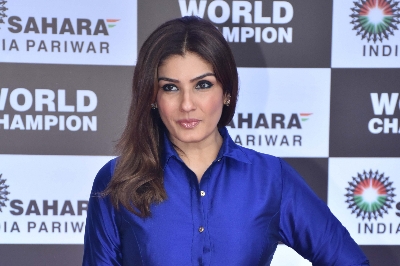 Mumbai: Actress Raveena Tandon during a felicitation ceremony organised for Badminton star P.V. Sindhu by the Sahara Group, in Mumbai on Sep 8, 2019. (Photo: IANS)
