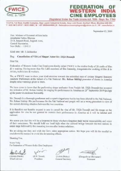 Singer-actor Diljit Dosanjh, who was scheduled to perform in the US on September 21 at a show promoted by Pakistani national Rehan Siddiqi, has been asked by the Federation of Western India Cine Employees (FWICE) to ÃƒÂ¢Ã‚Â€Ã‚Âœcancel his commitment in the interest of sentiments and dignity