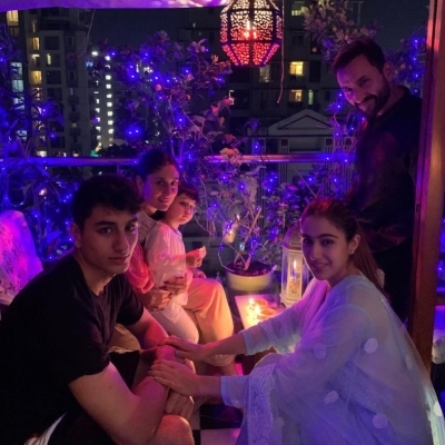 Taking a break from her busy shoot schedule, actress Sara Ali Khan celebrated Diwali with her father Saif Ali Khan, actress Kareena Kapoor Khan, Ibrahim Ali Khan and Taimur Ali Khan.