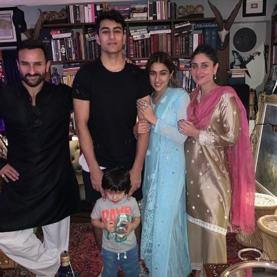 Taking a break from her busy shoot schedule, actress Sara Ali Khan celebrated Diwali with her father Saif Ali Khan, actress Kareena Kapoor Khan, Ibrahim Ali Khan and Taimur Ali Khan.