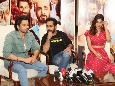New Delhi: Director Abhishek Pathak with actors Sunny Singh and Karishma Sharma at a press conference during the promotions of their film 