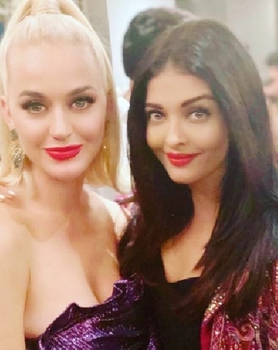 Actress Aishwarya Rai Bachchan with pop singer Katy Perry at a party hosted by filmmaker Karan Johar at his residence.