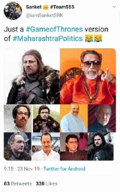 Since Saturday afternoon, the hashtag #GameofThrones started trending on Twitter because netizens are comparing the current political scenario of Maharashtra to the American fantasy drama television series dealing with power play.