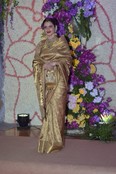 Mumbai: Actress Rekha at the wedding reception of filmmaker Sooraj Barjatya's son Devaansh Barjatya in Mumbai on Nov 29, 2019. (Photo: IANS)