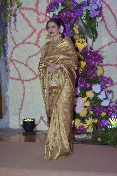 Mumbai: Actress Rekha at the wedding reception of filmmaker Sooraj Barjatya's son Devaansh Barjatya in Mumbai on Nov 29, 2019. (Photo: IANS)