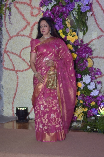 Mumbai: Actress Hema Malini at the wedding reception of filmmaker Sooraj Barjatya's son Devaansh Barjatya in Mumbai on Nov 29, 2019. (Photo: IANS)