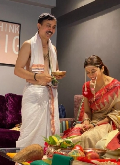 Actress Nehha Pendse is set to tie the knot with Shardul Singh Bayas, whom she describes as the man of her dreams. Photos from grahmukh pooja, prove that she is going to be one happy bride.